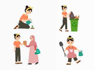 A set of illustrations depicting eco-friendly activities like recycling, gardening