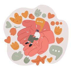 Cartoon vector illustration of a woman sitting on a giant hand, symbolizing care, support, and protection
