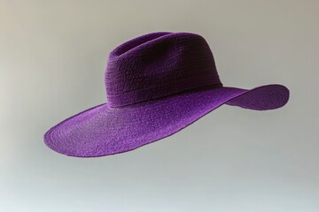 A Purple Wide-Brimmed Straw Hat Suspended Against a Pale Gray Background
