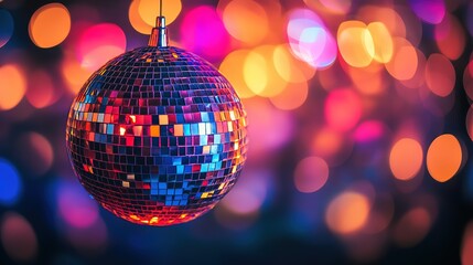 Fototapeta premium Disco ball sphere with colorful disco lights for party nights , wallpaper background with copy space 4k