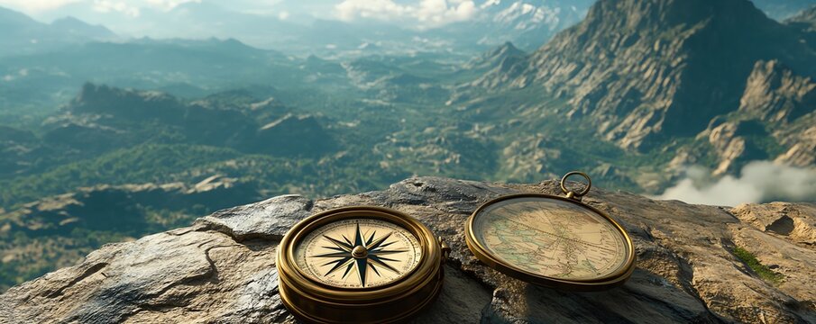 Une boussole vintage et une carte contre un paysage de montagnes..