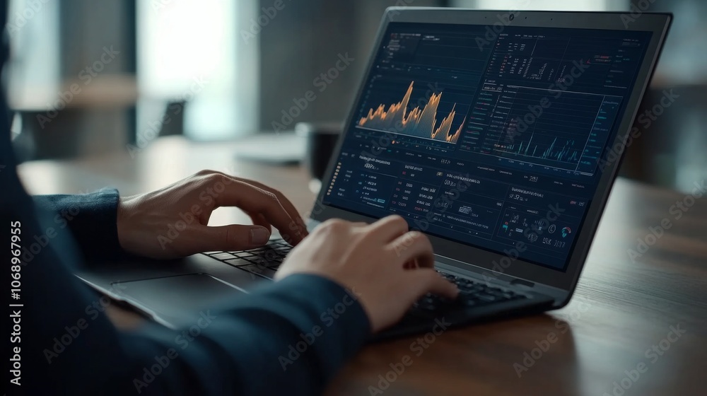 Poster analyzing data on laptop with financial charts