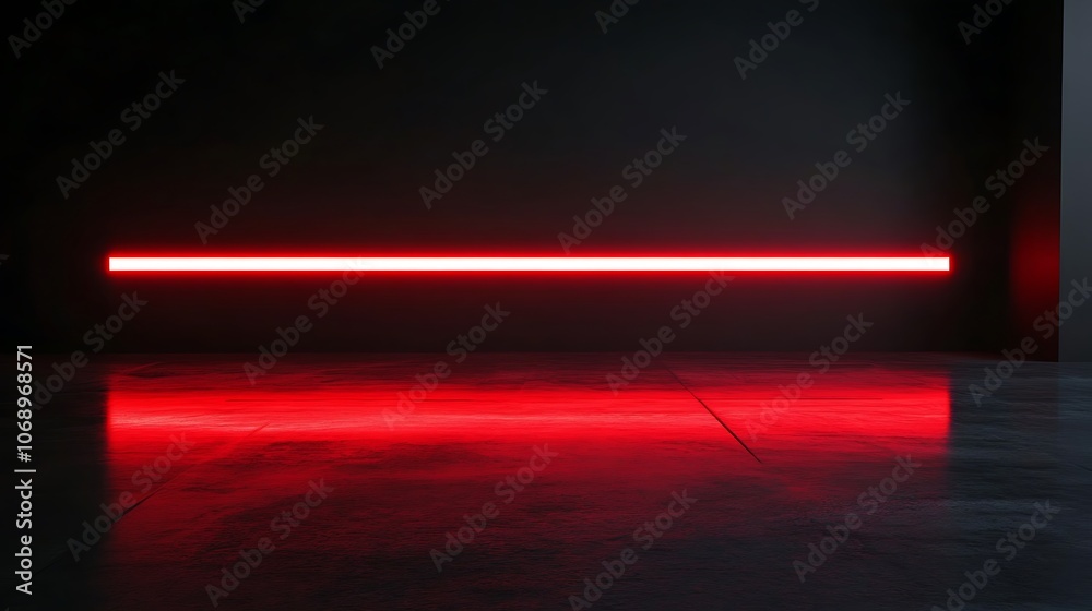 Poster a single horizontal red neon light strip illuminates a dark room, its reflection casting a glowing a