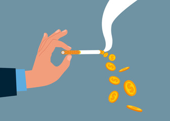 Wasting money to a bad habit. Cigarette with smoke formed coin. Smoking kills. Flat vector illustration