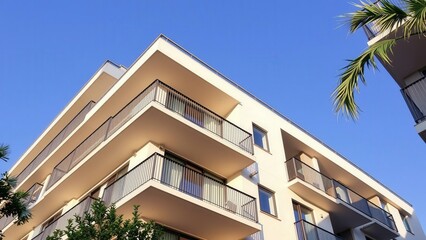 Obraz premium Modern Apartment Building with Balconies and Palm Trees under Clear Blue Sky - Perfect for Real Estate Advertising