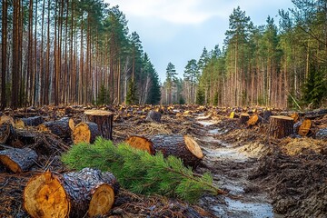 Industrial planned deforestation in spring, fresh green pine lies on the ground amid stumps , isolated on white background,  , copy space for text,