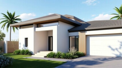 Fototapeta premium Modern Minimalist Home Exterior Design with White Walls, Brown Accents, and Lush Green Landscape under Clear Blue Sky