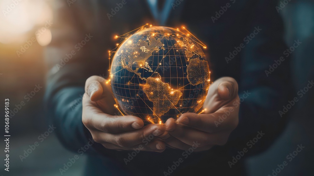 Poster businessman hold global business globe with network connected to digital marketing strategy. busines