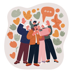 Cartoon vector illustration of a family of multiple generations taking a group photo with a smartphone, symbolizing family bonding, tradition, and connection