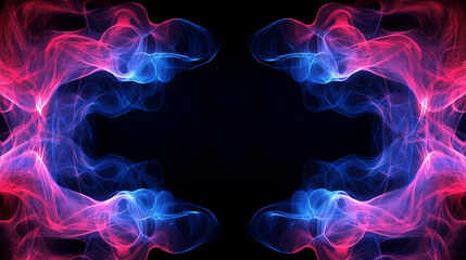 Neon pink and blue swirling smoke frame on black background. Border, postcard, banner, card. Empty copy space for design.  