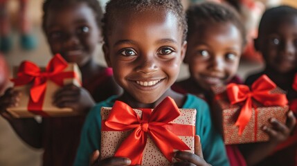 Joyful African children holding festive gifts wrapped in gold paper with bright red bows, their faces beaming with excitement and gratitude during a special occasion.