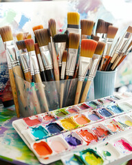 Fototapeta premium A collection of paintbrushes and watercolors on a table.