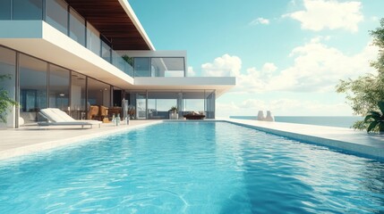 Fototapeta premium Modern villa with a pool overlooking the ocean under a clear blue sky.