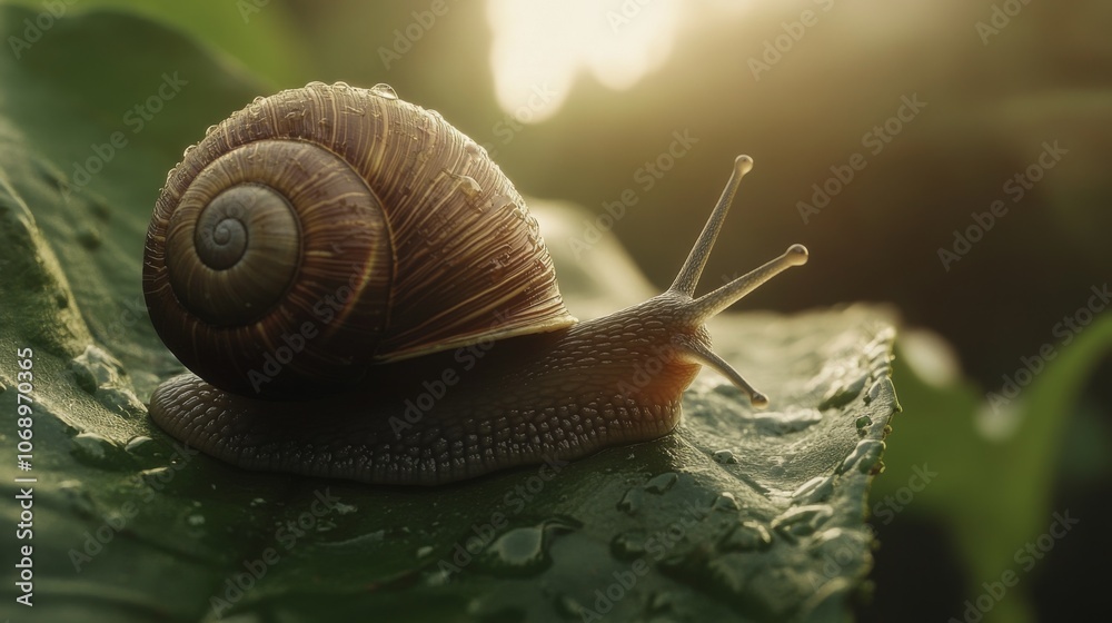 Poster snail on a leaf with dew drops in soft light