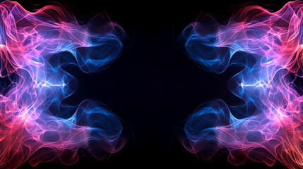 Obraz premium Neon pink and blue swirling smoke frame on black background. Border, postcard, banner, card. Empty copy space for design. 