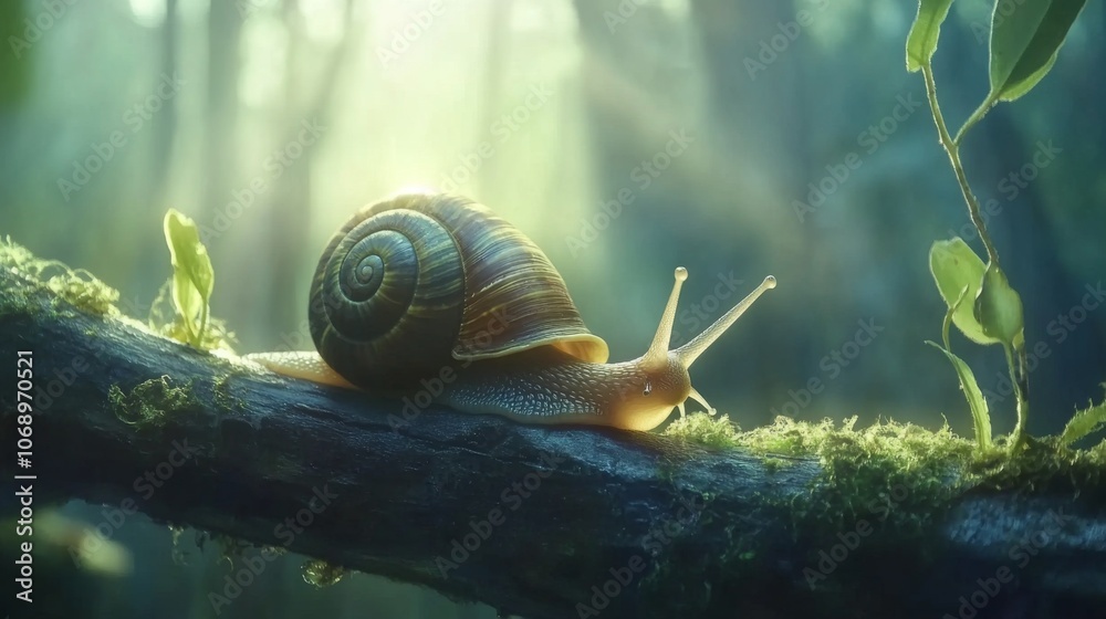 Poster serene snail on a mossy log in lush forest light