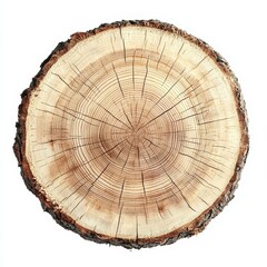Fototapeta premium smooth cross section brown tree stump slice with age rings cut fresh from the forest with wood grain isolated on white , isolated on white background, , copy space for text,