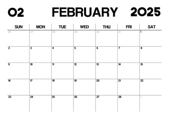 Printable Monthly Calendar Template for February 2025. Minimalist Style Calendar in Landscape Format. Week Starts on Sunday. Calendar Planner for 2025 year.