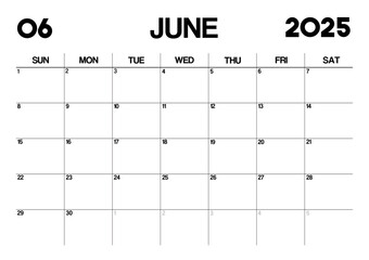 Printable Monthly Calendar Template for June 2025. Minimalist Style Calendar in Landscape Format. Week Starts on Sunday. Calendar Planner for 2025 year.