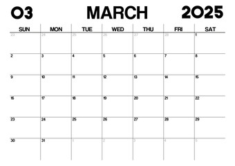Printable Monthly Calendar Template for March 2025. Minimalist Style Calendar in Landscape Format. Week Starts on Sunday. Calendar Planner for 2025 year.