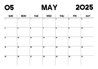 Printable Monthly Calendar Template for May 2025. Minimalist Style Calendar in Landscape Format. Week Starts on Sunday. Calendar Planner for 2025 year.