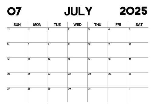 Printable Monthly Calendar Template for July 2025. Minimalist Style Calendar in Landscape Format. Week Starts on Sunday. Calendar Planner for 2025 year.