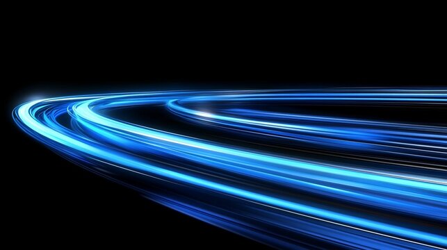 Vibrant blue light trails curve across a dark background, creating a dynamic sense of speed and motion. Futuristic streaks suggest high-tech connectivity and data flow.