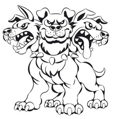 Black and white mythological illustration of three-headed Cerberus