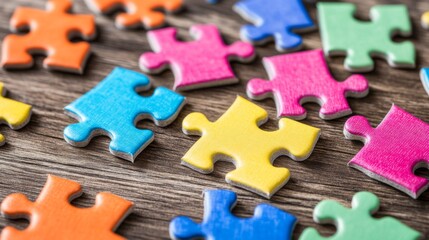 Colorful Puzzle Pieces on Wooden Surface