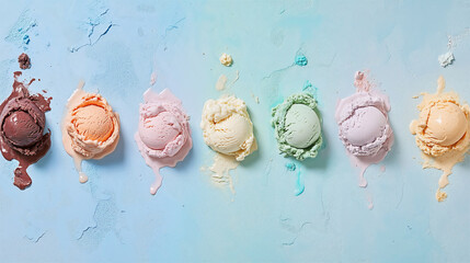 Assorted Ice Cream Scoops Melting on Pastel Background