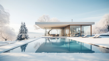 Luxurious Modern Home with Pool in Winter Landscape