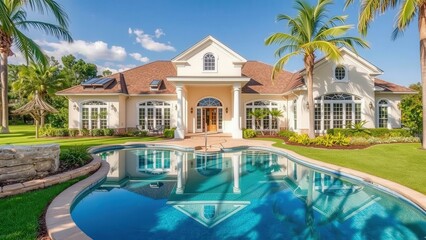 Fototapeta premium Luxurious Dream Home with Sparkling Pool and Lush Tropical Garden - Perfect for Relaxation and Entertaining