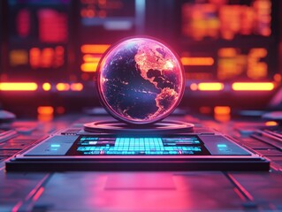 Futuristic control room with advanced holographic displays, AI generated