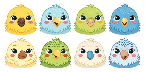 Naklejka premium eight different funny cute budgie heads isolated on transparent background