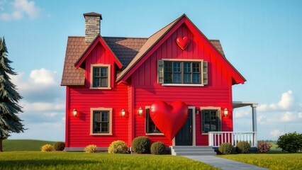 Charming Red Cottage Home with Heart-Shaped Door and Windows, Perfect for Cozy Living or Romantic Getaways