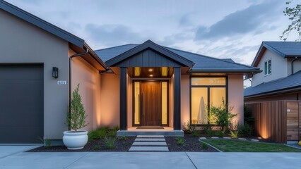 Modern Luxury Home Exterior at Sunset: Elegant Design, Warm Lighting, and Serene Atmosphere