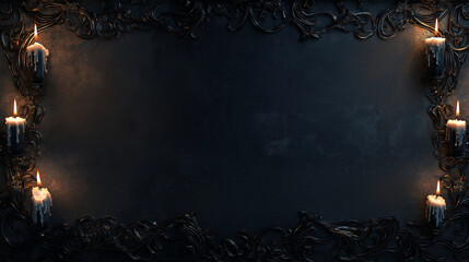 Dark gothic ornate frame with candles and melting wax on textured black background. Mysterious border, eerie banner, empty copy space for design.