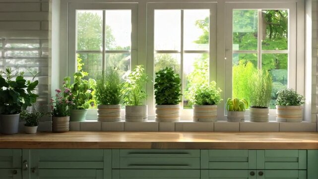 Bright and vibrant kitchen window with potted herbs and plants, showcasing lush green views and sunlight, creating fresh and serene home interior atmosphere.