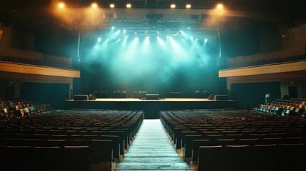 A concert stage with lighting and empty seats, ready for an upcoming performance.