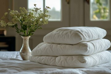 Stacked White Quilted Bed Pillows With Flower Vase on Bed