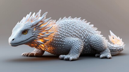 Obraz premium Realistic 3D of a mythical creature resembling a dragon with white scales and spiky protrusions, glowing with an orange light effect on a gray background.