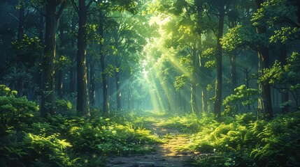 Obraz premium A lush forest with sunlight filtering through the trees, calm and peaceful, promoting nature and sustainability, vibrant greens and natural beauty