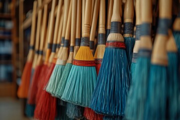 Fototapeta premium Colorful Brooms Hanging in Store Close Up