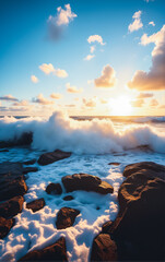 Fototapeta premium Dramatic seascape: ocean shore waves crashing on rocks with spray in the rays of the setting sun.