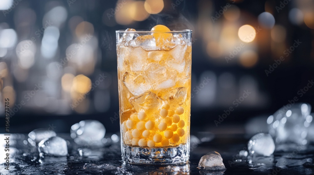 Poster Refreshing Cocktail with Ice and Bokeh Background