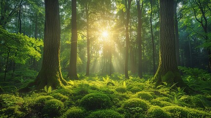 A lush forest with sunlight filtering through the trees, calm and peaceful, promoting nature and sustainability, vibrant greens and natural beauty