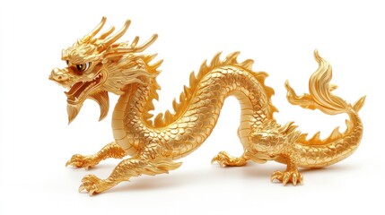 A golden dragon sculpture showcasing intricate details and a fierce expression.