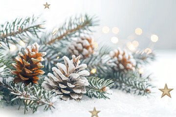 Festive Pine Cones and Evergreen Branches with Snowy Touches and Soft Fairy Lights – Elegant Christmas and Winter-Themed Stock Image for Seasonal Decor, Holiday Backgrounds