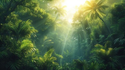 A lush forest with sunlight filtering through the trees, calm and peaceful, promoting nature and sustainability, vibrant greens and natural beauty