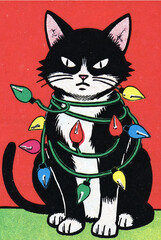 Retro, vintage grumpy black and white cat with Christmas lights against a red background; vertical rectangle